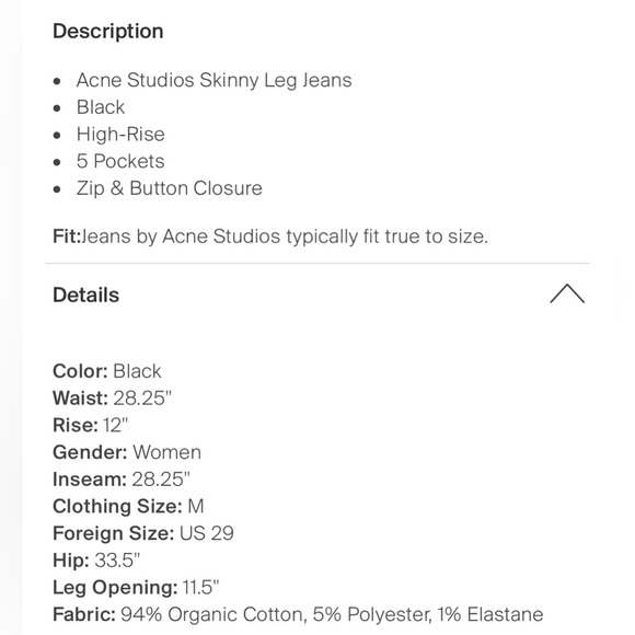 ACNE STUDIOS Biå Konst, black denim pants, size 29 - Picture 3 of 3